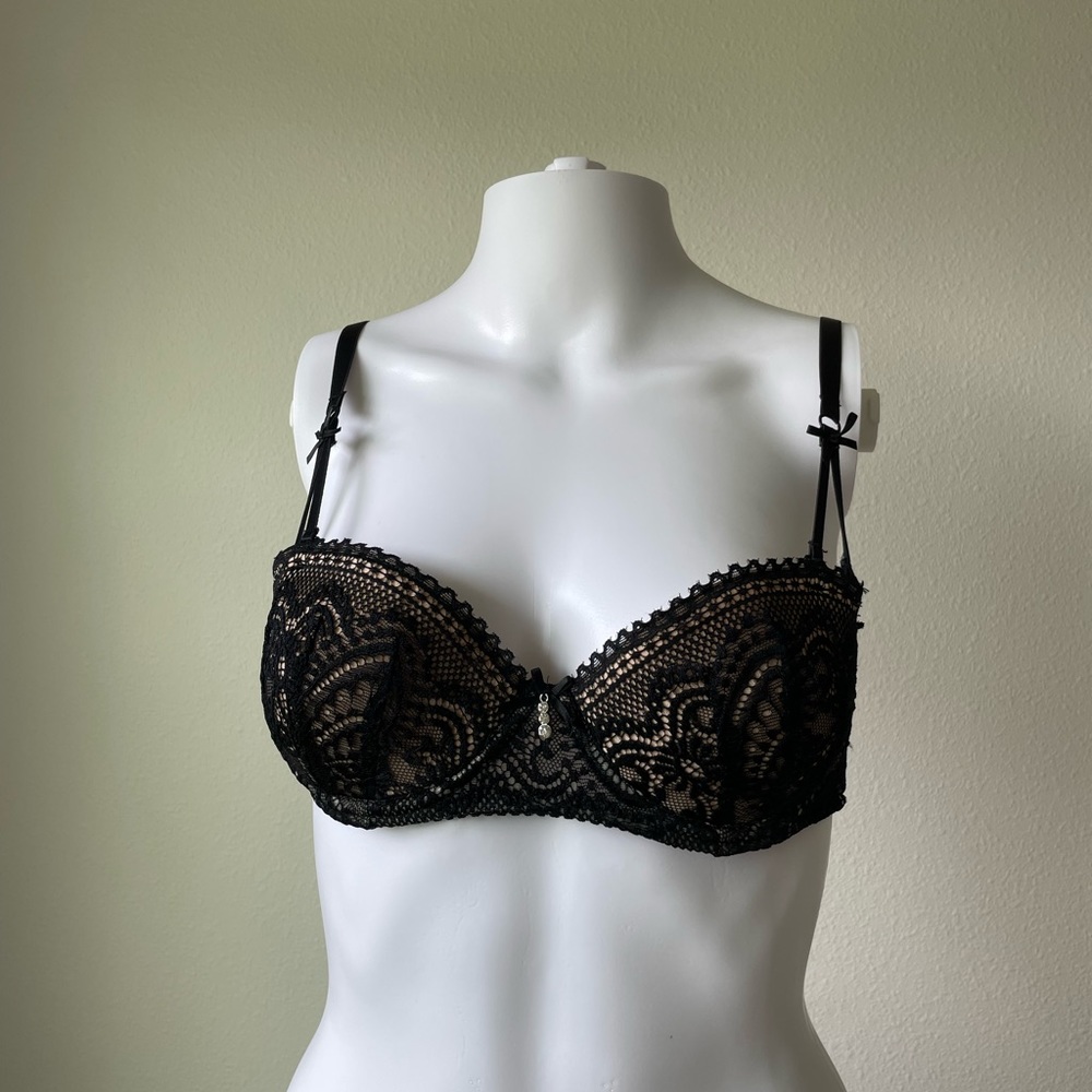 Black tan lace mesh bra with rhinestone